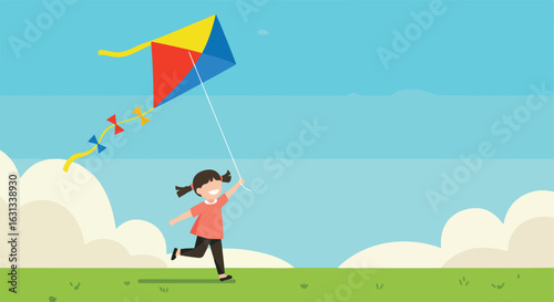 Girl flies kite on grass with cloudy sky background for happy playtime illustration