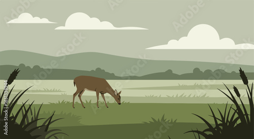 Deer grazing in a grassy field, with a lake and mountain backdrop. Vector illustration