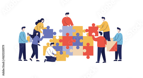 Group constructing puzzle on white background for teamwork concept