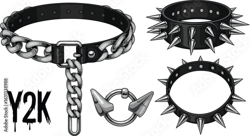 Y2K Grunge Aesthetic Vector Set of Spiked Chokers and Chain Jewelry