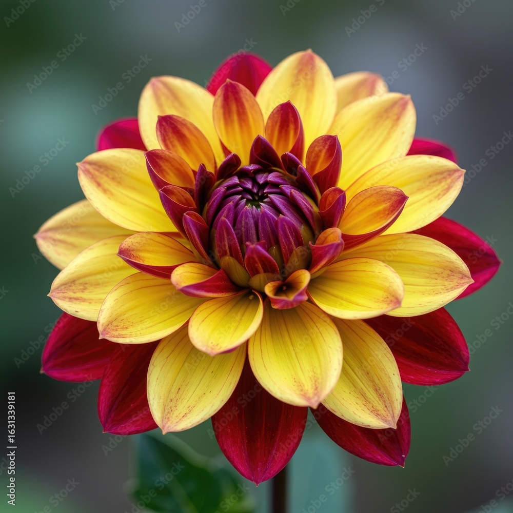 Obraz premium Vibrant Red and Yellow Dahlia Flower, Close-Up Macro Shot.
