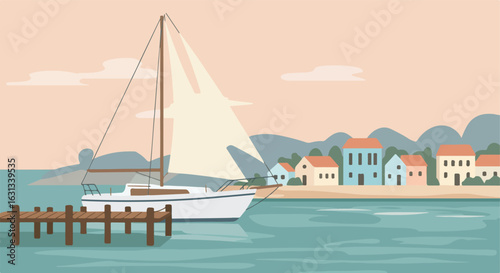 Docked sailboat in coastal town. Houses dot the background, used for travel concepts