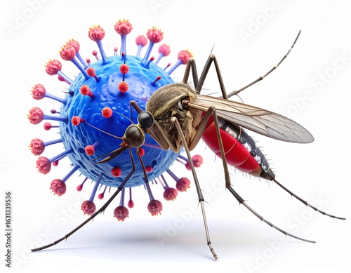 Chikungunya Virus 3D Medical Illustration with Aedes Mosquito Vector – Educational Diagram for Public Health and Editorial Use