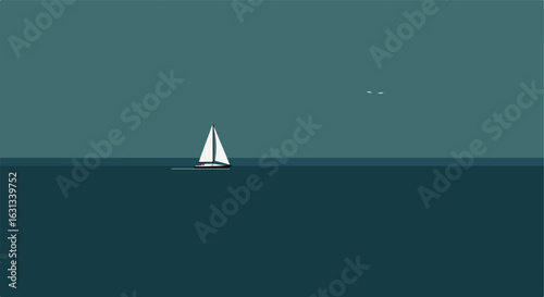 Sailing boat in the sea with seagulls. Ideal for a calm, minimalist mood