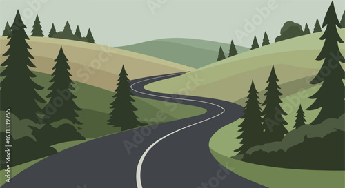 Serpentine roadway winds through rolling hills lined with trees under an overcast sky