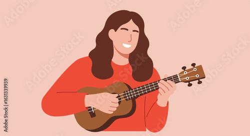 Woman playing ukulele on a plain background, perfect for music-related blogs or art