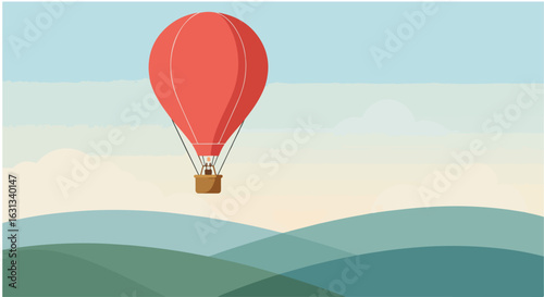 Hot air balloon flight over rolling hills against a sky background for cards