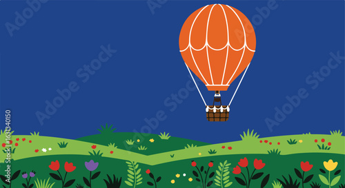 Colorful cartoon hot air balloon flying above hills with flowers, blue background