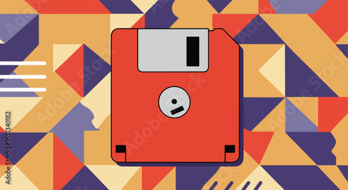 Red diskette on geometric backdrop, vintage tech or IT themes; retro presentation