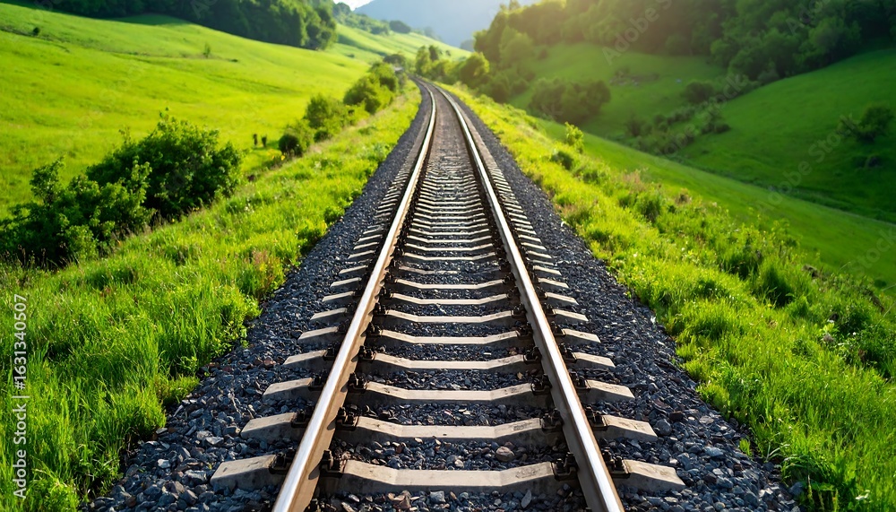 Fototapeta premium Railroad tracks through lush green landscape