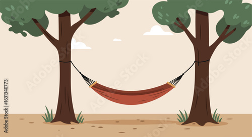Red hammock strung between trees in a yard on a bright day. Possible relaxation ad