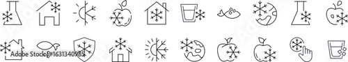 Cold and Frozen Line Icon Collection. Lab Bulb, House, Planet, Apple, Fish Minimalistic Linear Pictogram for Web and Graphic Design, Apps, Banners, Social Network and Cards
