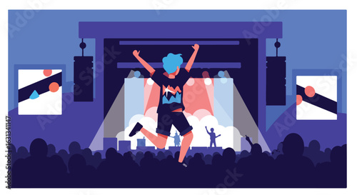 Fan Jumps at Live Concert with Stage Lights and a Crowd in the Background