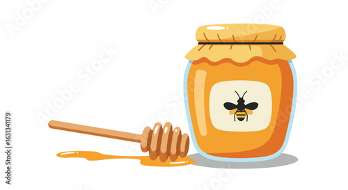 Honey jar with dipper isolated on white background, cartoon illustration for food blog