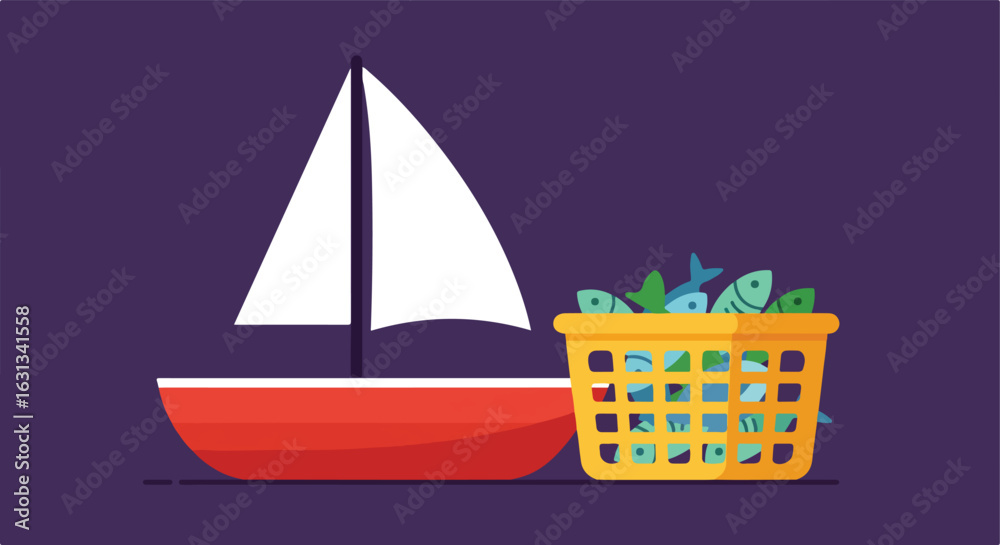 Obraz premium Boat by basket of fish, on deep backdrop for maritime illustration, icon, or graphic