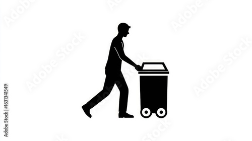 Silhouette of a person pushing a trash can