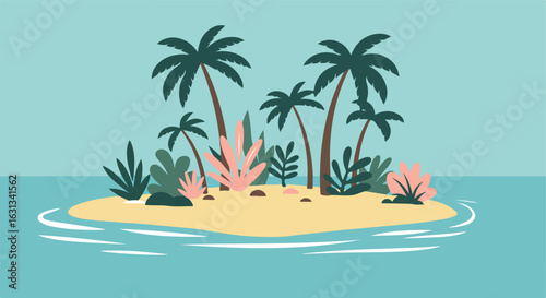 Island palms, plants swaying on sand. Water waves around background. Travel design