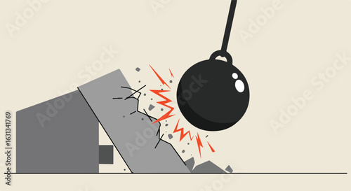 Cartoon wrecking ball demolishing a building illustration for construction concepts