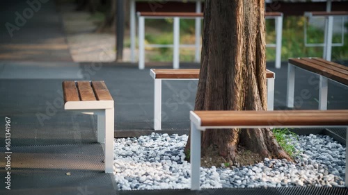 Modern Outdoor Seating with Tree and Gravel Landscape Design — Korea, Seoul, Yangjaecheon, stream, city, people