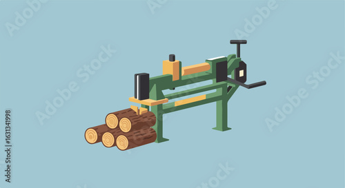 Log splitting device using manual hydraulic power on light blue background