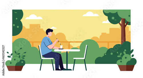 Person stirs drink on cafe patio with city view background. Use for relaxation