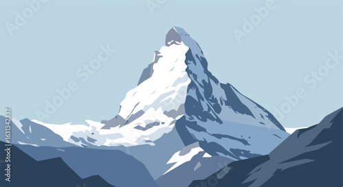 Vector Illustration of Snow-Capped Mountain, Peak Visible, Clear Sky, Background Use