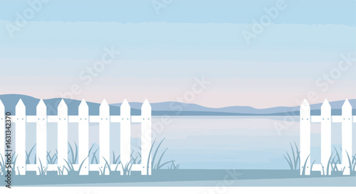Background of white picket fence at a calm lake. Use web design, presentations