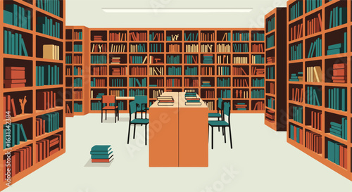 Books stacked in library with full bookshelves in background for educational use
