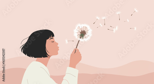 Girl blows dandelion seeds against pink backdrop; wishes, hopes, dreams concept