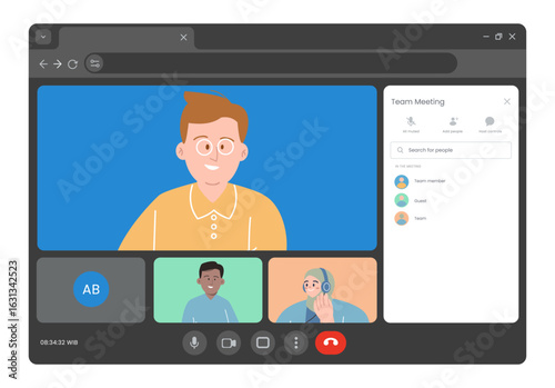 virtual team meeting showing group of diverse professionals collaborating on a video call. Dark interface for corporate presentations remote teams and business technology websites