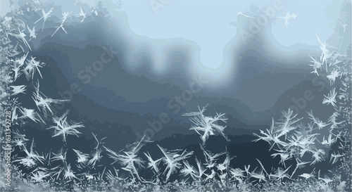 Frost patterns on window glass, with blurry sky background. Winter design