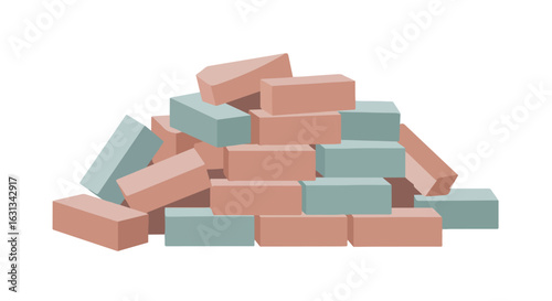 Stack of bricks in a heap with a plain background, for construction or design purposes