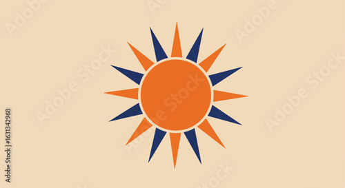 Geometric sun illustration with blue and orange rays against a light beige background