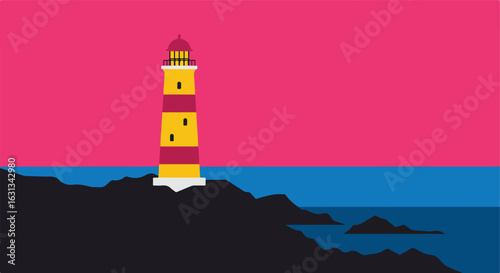 Striped lighthouse on rocks by sea with pink sky above, for a travel poster
