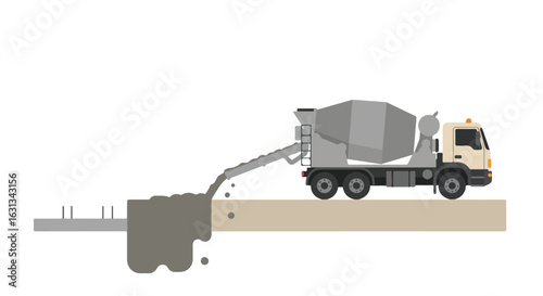 Cement truck pouring foundation on construction site. Building background