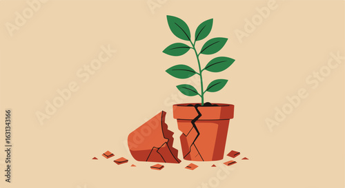 Sprout growing in a broken pot symbolizes resilience and overcoming difficulties