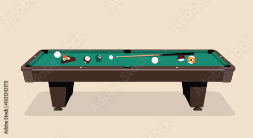Billiard balls on a pool table with cue stick on beige background for game night poster