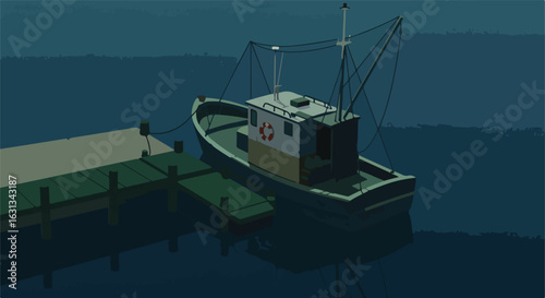 Boat docked at pier in calm sea at night, vector illustration for nautical theme