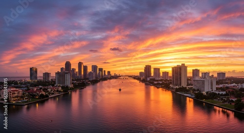 Wallpaper Mural 燃えるような夕焼けが水面に映える、都市の美しいパノラマ風景 Torontodigital.ca