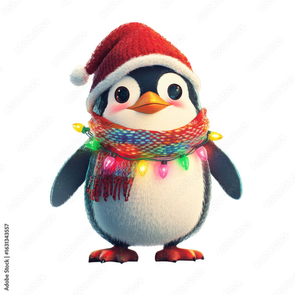 Fototapeta premium Penguin with Christmas lights on white background