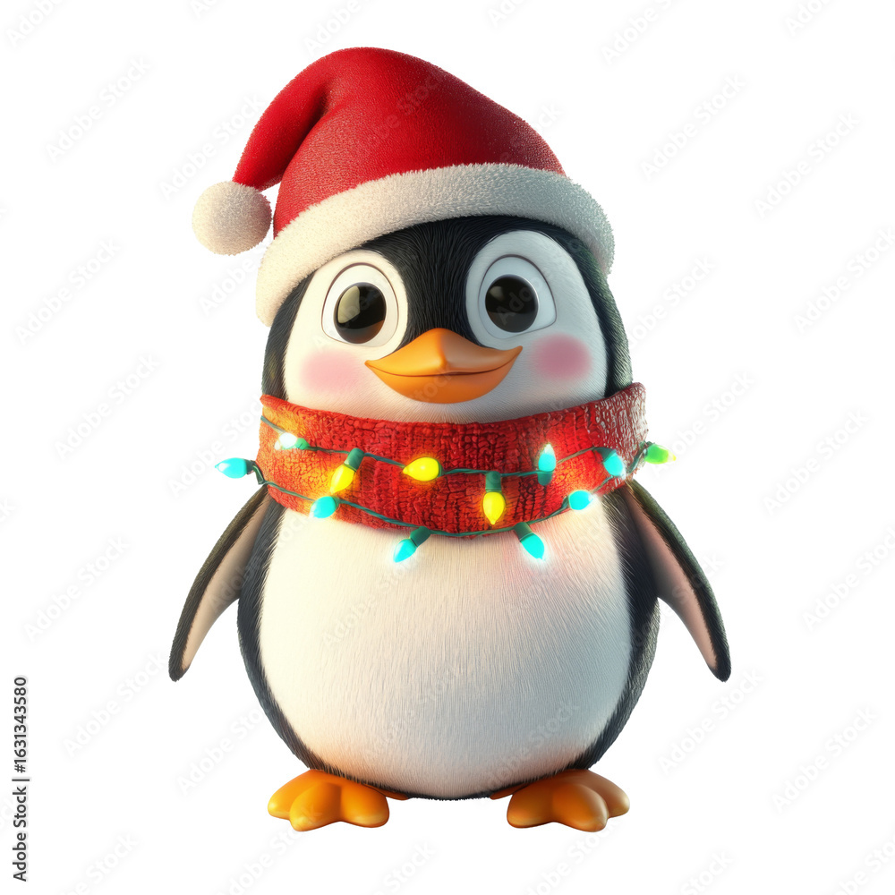 Fototapeta premium Penguin with Christmas lights on white background