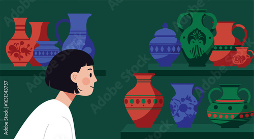 Woman Viewing Display of Vases and Jars in Museum, Pottery on Shelves Background