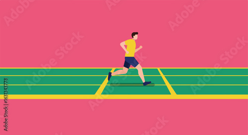 Man Running on Track with Lanes Against Pink Background for Fitness/Health
