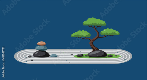 Animated zen garden. Tree, rocks, stack, raked sand. Use meditation, wellness