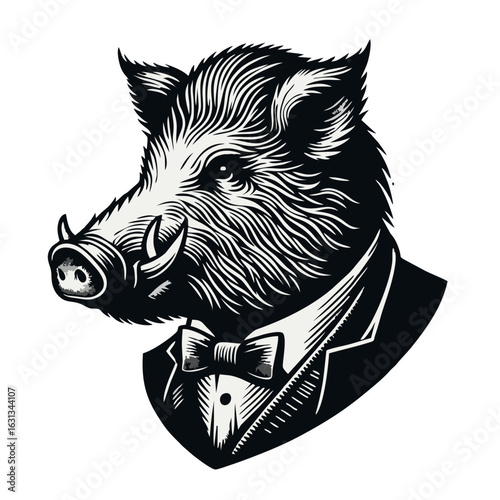 Boar Head in Suit and Bow Tie Illustration