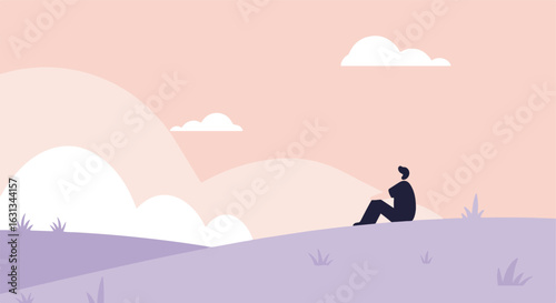 Sitting Man on Hill in the Sky, for relaxation, mindset, meditation needs
