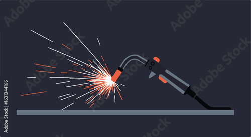 Simplified flat vector illustration of welding on metal with sparks on dark background