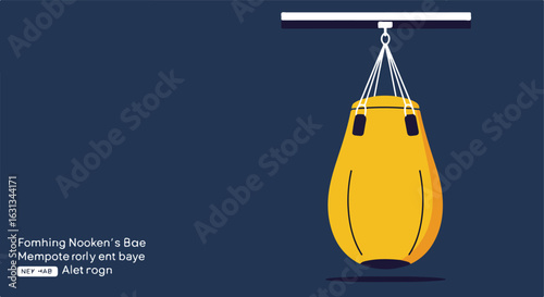 Yellow punching bag hangs, fitness training. Dark backdrop. Possible gym poster