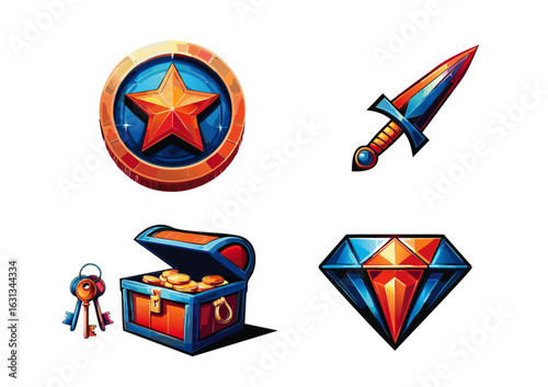 set cartoon game asset  include gold coin, swords, gold chest and diamond