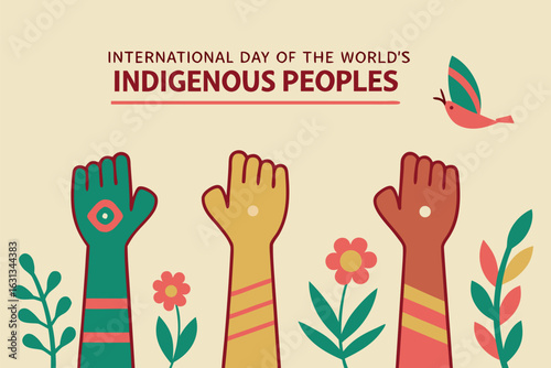 International Day of the World's Indigenous Peoples celebration with raised fists and nature elements 1